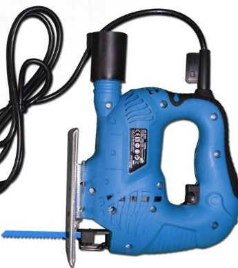 Blauwe elektrische decoupeerzaag met zaagblad, gezien van opzij