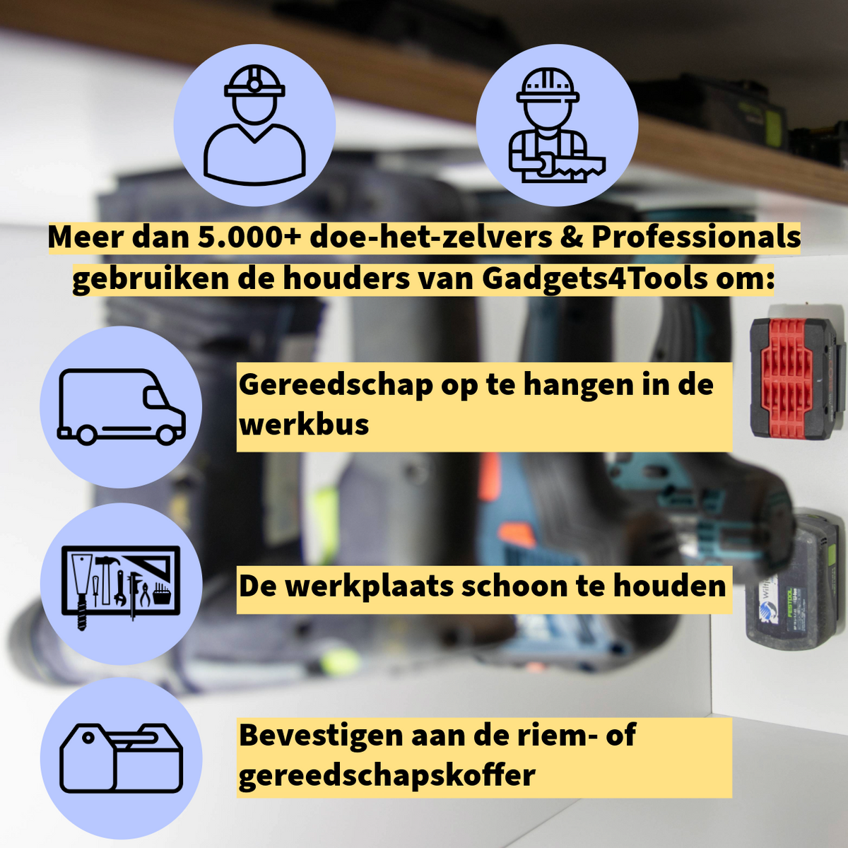 Meer dan 5.000 doe-het-zelvers en professionals gebruiken de houders in de werkbus, de werkplaats en aan de riem of gereedschapskoffer